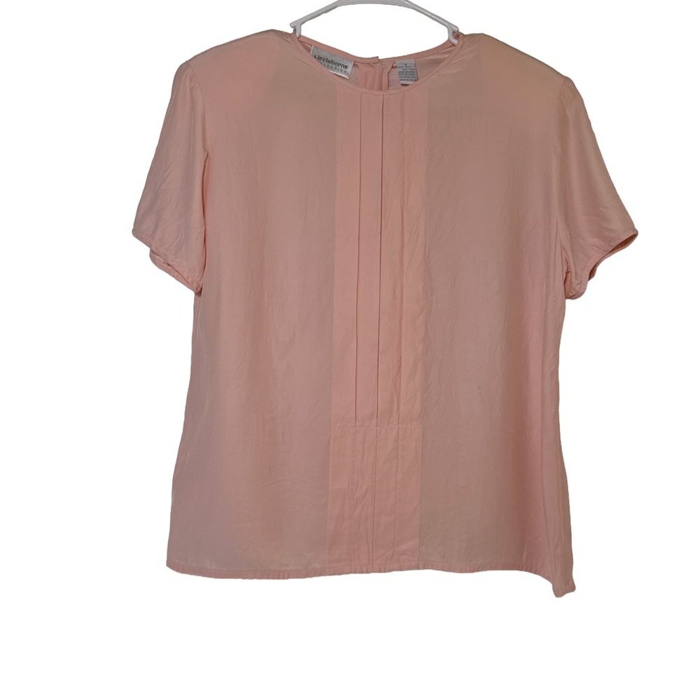 LIZ CLAIBORNE Elegant Pink Silk Pleated Short Sleeve Blouse Button Accent Size 8